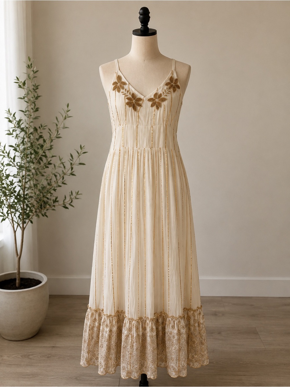 Ananta beaded and metallic spaghetti strap maxi with empire waist and tie